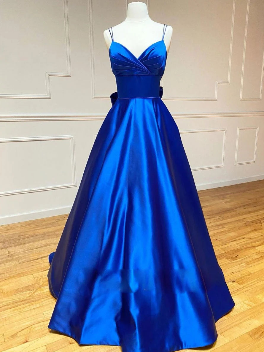 Glamorous A-Line V-Neck Bowed Royal Blue Floor-Length Evening Dress
