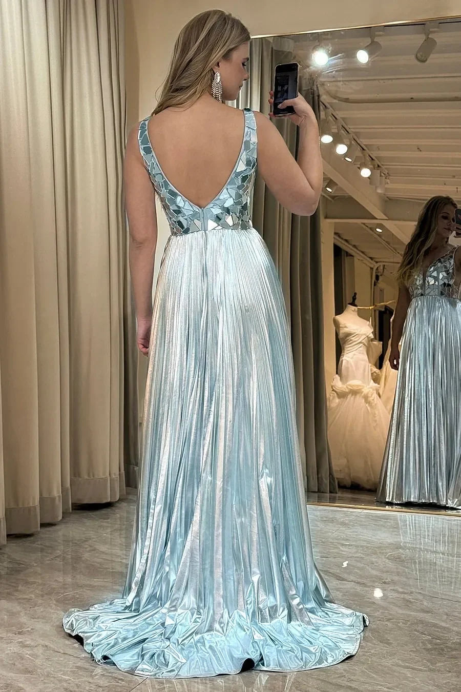 Glamorous A-Line V-Neck Mirror-Embellished Silver Prom Dress