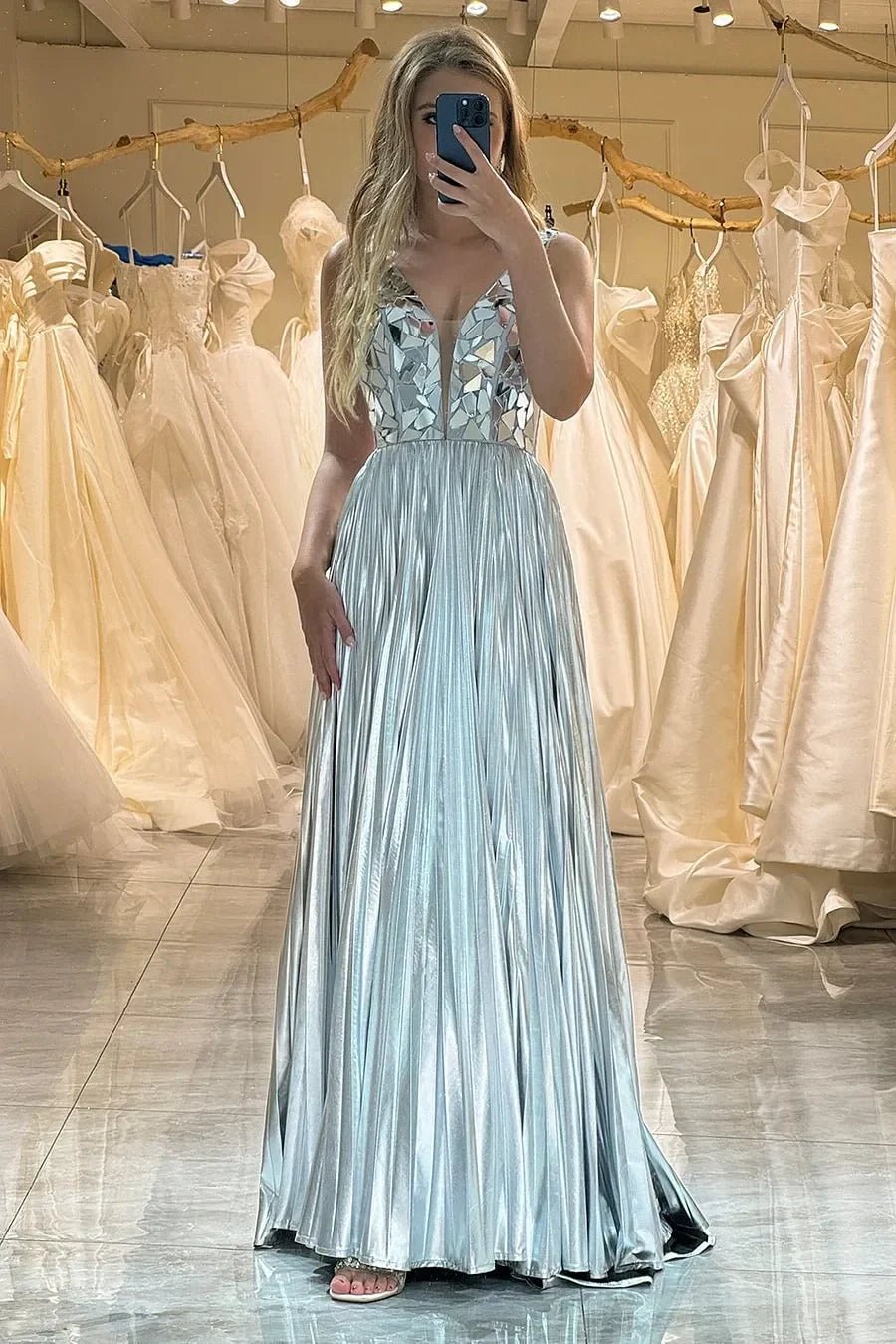 Glamorous A-Line V-Neck Mirror-Embellished Silver Prom Dress