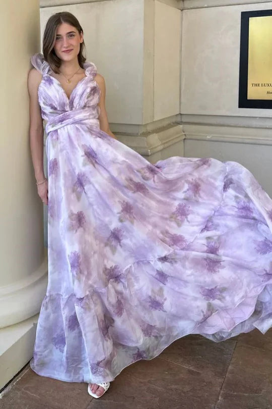 Glamorous A-Line V-Neck Ruffled Lavender Floor-Length Evening Dress