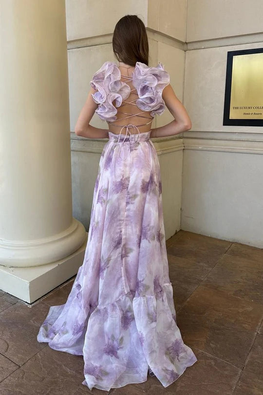 Glamorous A-Line V-Neck Ruffled Lavender Floor-Length Evening Dress