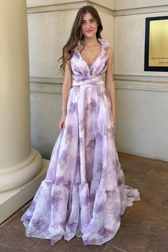 Glamorous A-Line V-Neck Ruffled Lavender Floor-Length Evening Dress