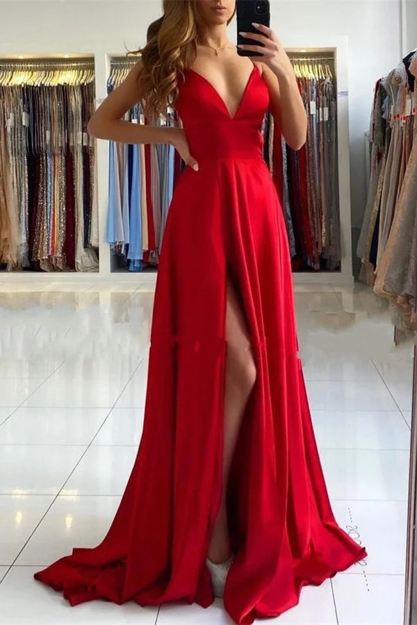 Glamorous A-Line V-Neck Spaghetti Strap Red Maxi Prom Dress