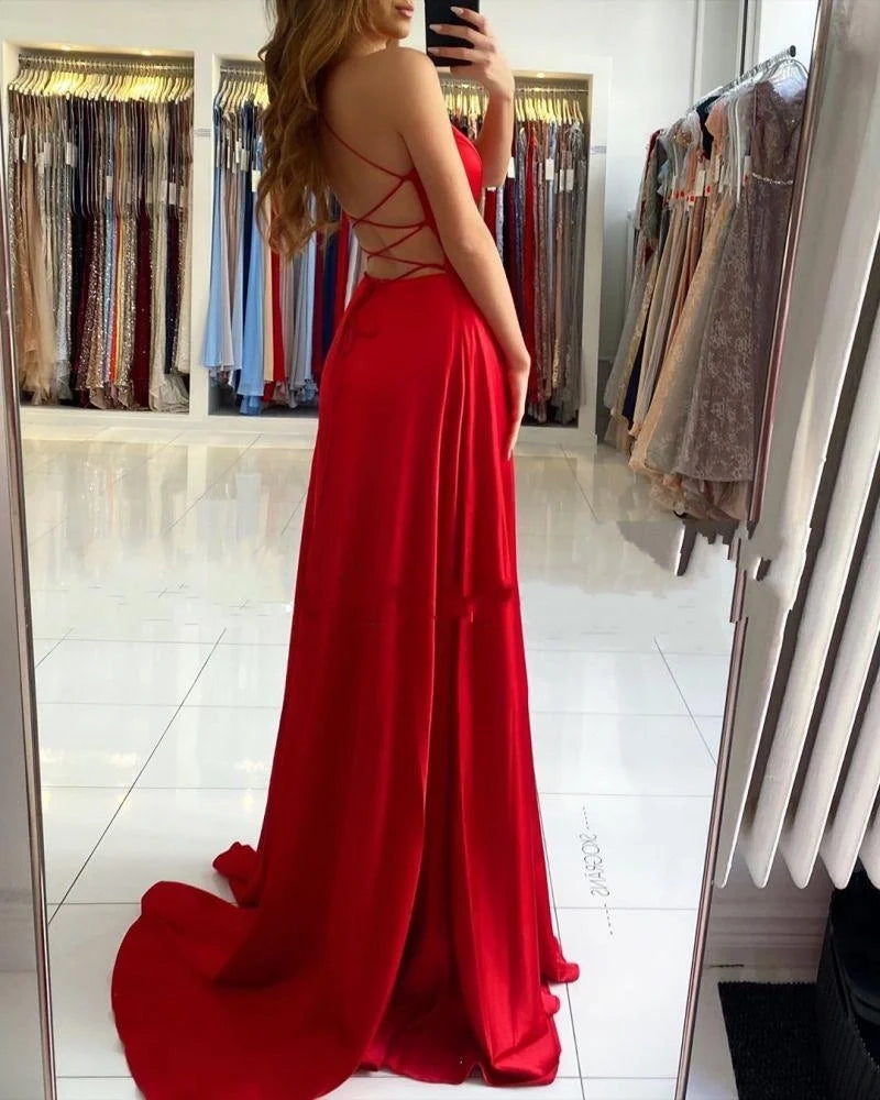 Glamorous A-Line V-Neck Spaghetti Strap Red Maxi Prom Dress
