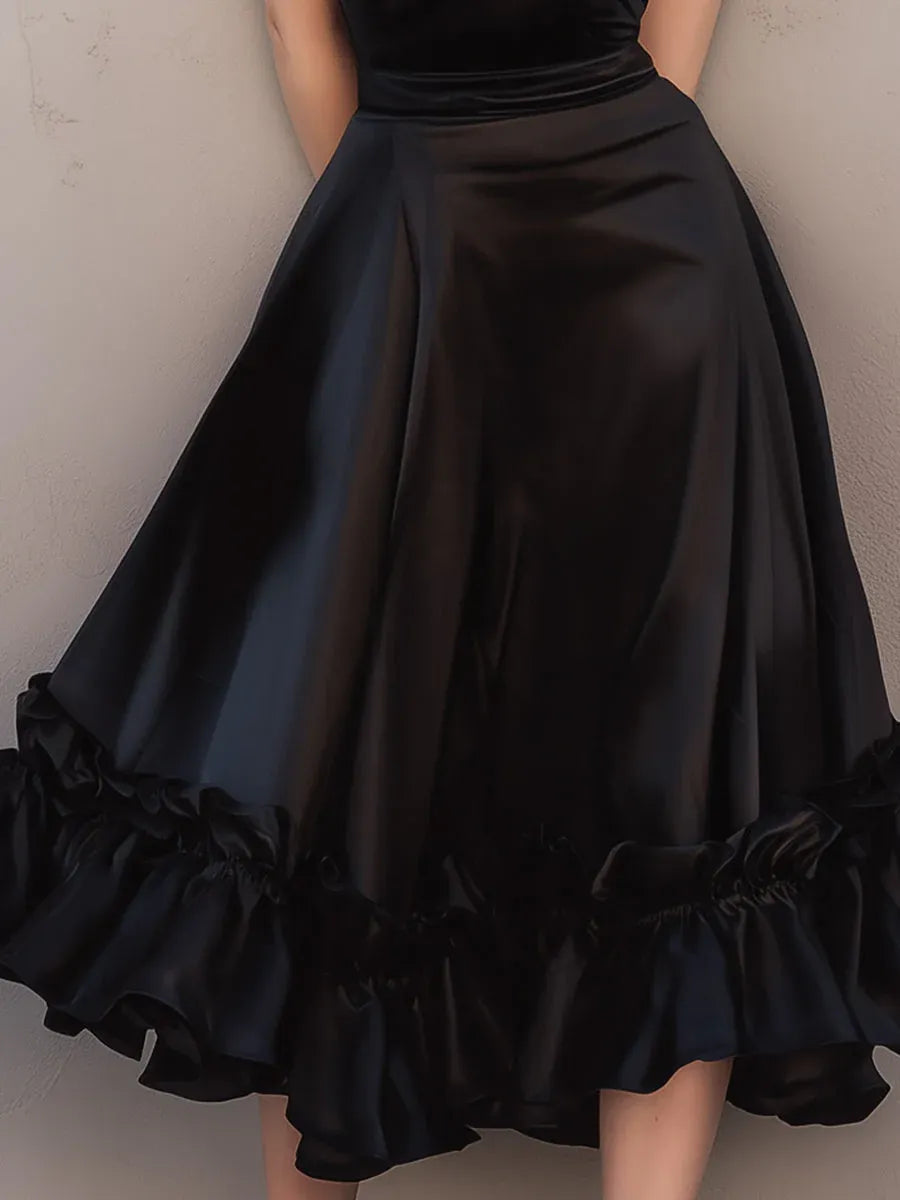 Glamorous A-Line V-Neck Spaghetti Straps Ruffle Satin Black Midi Prom Dresses