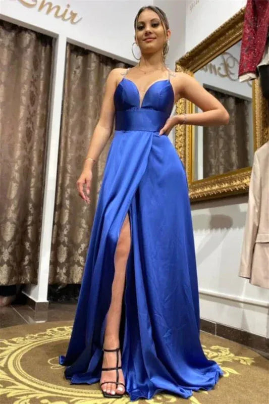 Glamorous A-line Spaghetti Beaded Royal Blue Slit Prom Dress For Women