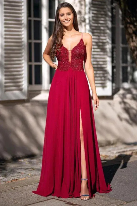 Glamorous A-line Spaghetti Straps Beaded Red Slit Prom Dress Custom