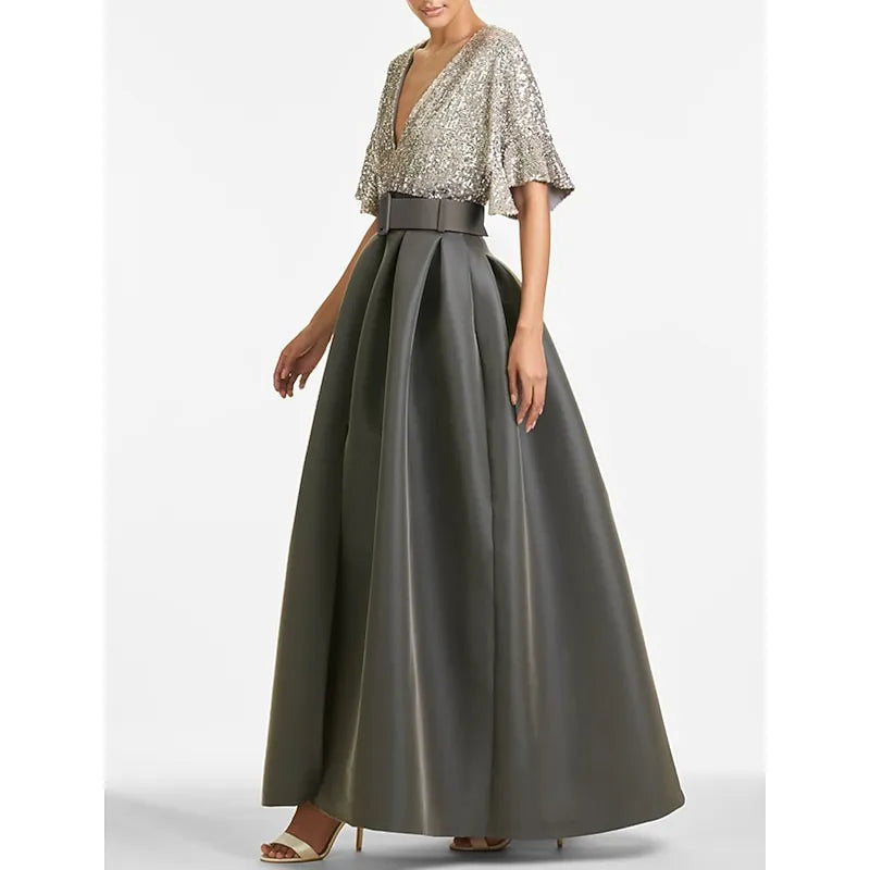 Glamorous A-line V-neck Flutter-sleeved Sequin Gunmetal Maxi Prom Dress for Women Custom