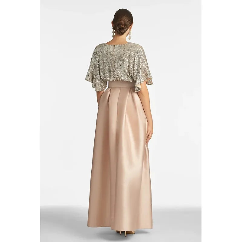 Glamorous A-line V-neck Flutter-sleeved Sequin Gunmetal Maxi Prom Dress for Women Custom