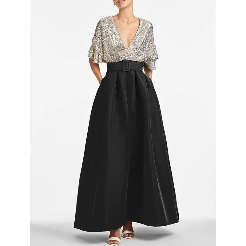 Glamorous A-line V-neck Flutter-sleeved Sequin Gunmetal Maxi Prom Dress for Women Custom
