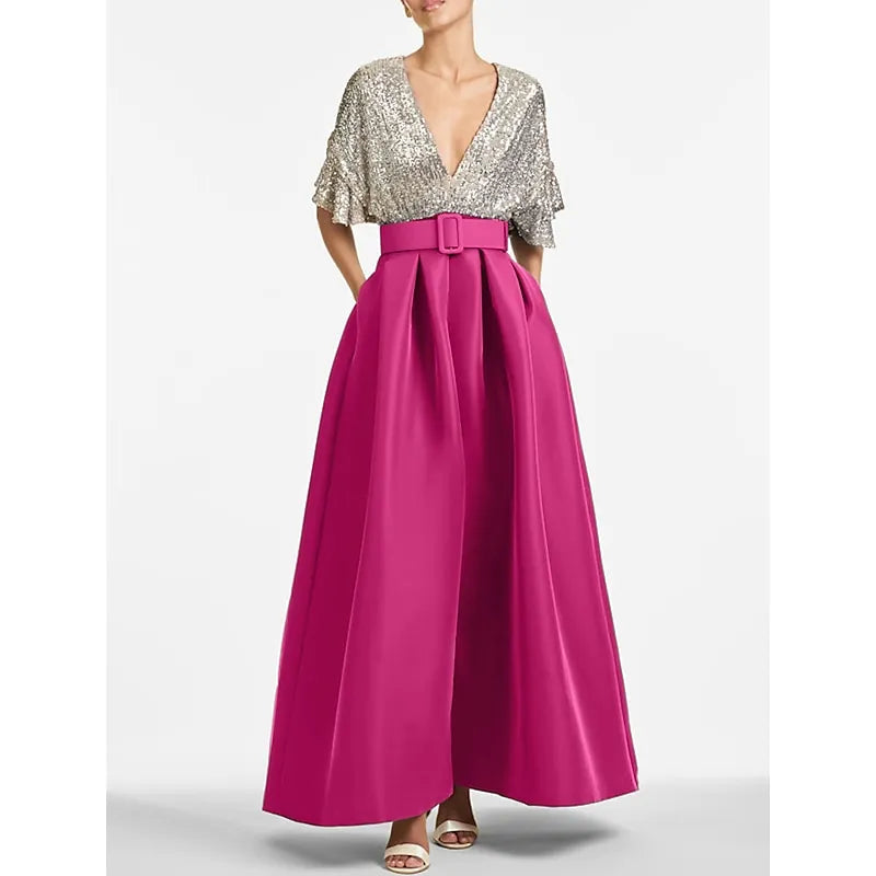 Glamorous A-line V-neck Flutter-sleeved Sequin Gunmetal Maxi Prom Dress for Women Custom