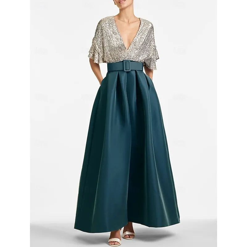 Glamorous A-line V-neck Flutter-sleeved Sequin Gunmetal Maxi Prom Dress for Women Custom