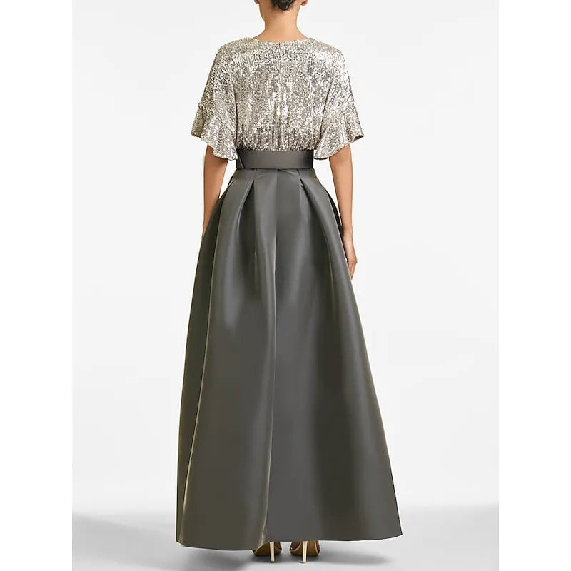 Glamorous A-line V-neck Flutter-sleeved Sequin Gunmetal Maxi Prom Dress for Women Custom