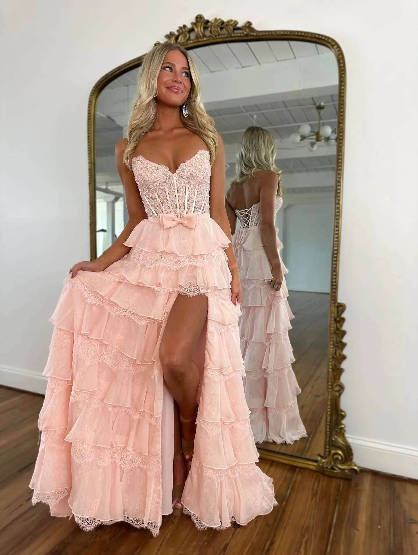 Glamorous A Line Sweetheart Corset Ruffle Lace Pink Floor Length Prom Dress With Slit