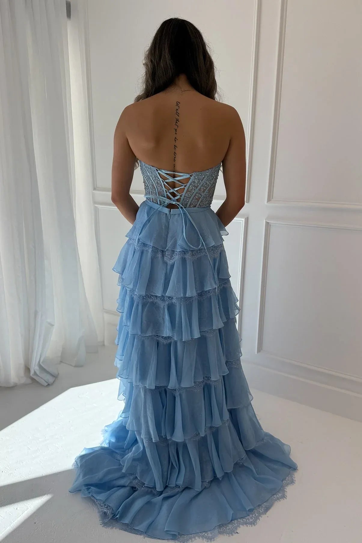 Glamorous A Line Sweetheart Corset Ruffle Lace Pink Floor Length Prom Dress With Slit
