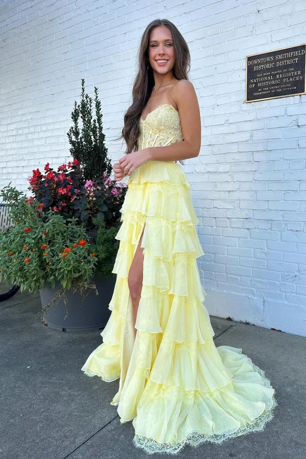 Glamorous A Line Sweetheart Corset Ruffle Lace Pink Floor Length Prom Dress With Slit