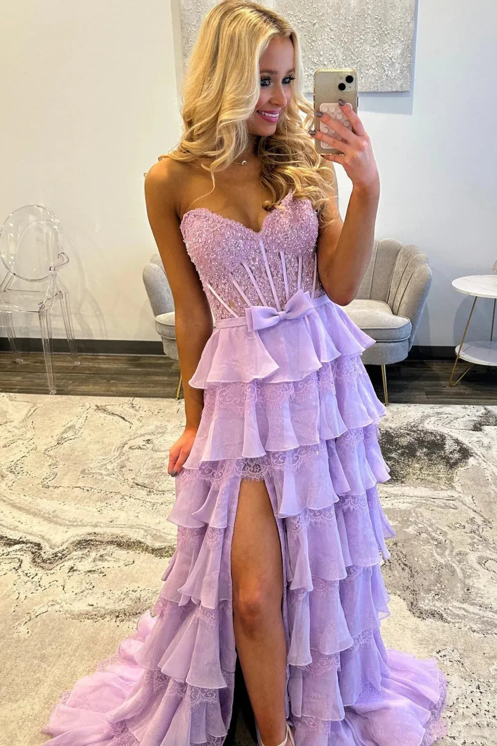 Glamorous A Line Sweetheart Corset Ruffle Lace Pink Floor Length Prom Dress With Slit