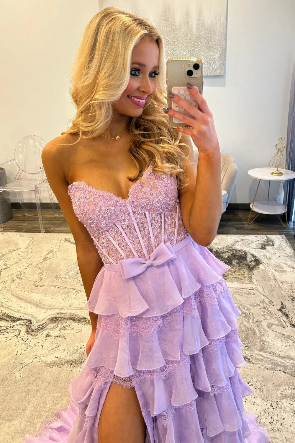 Glamorous A Line Sweetheart Corset Ruffle Lace Pink Floor Length Prom Dress With Slit