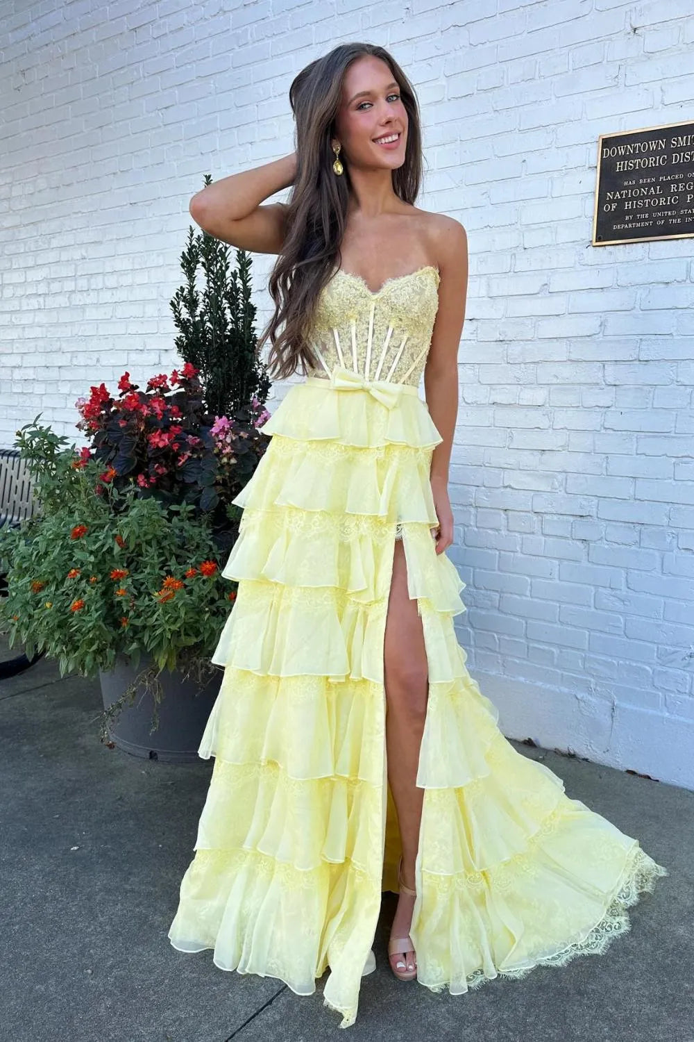 Glamorous A Line Sweetheart Corset Ruffle Lace Pink Floor Length Prom Dress With Slit