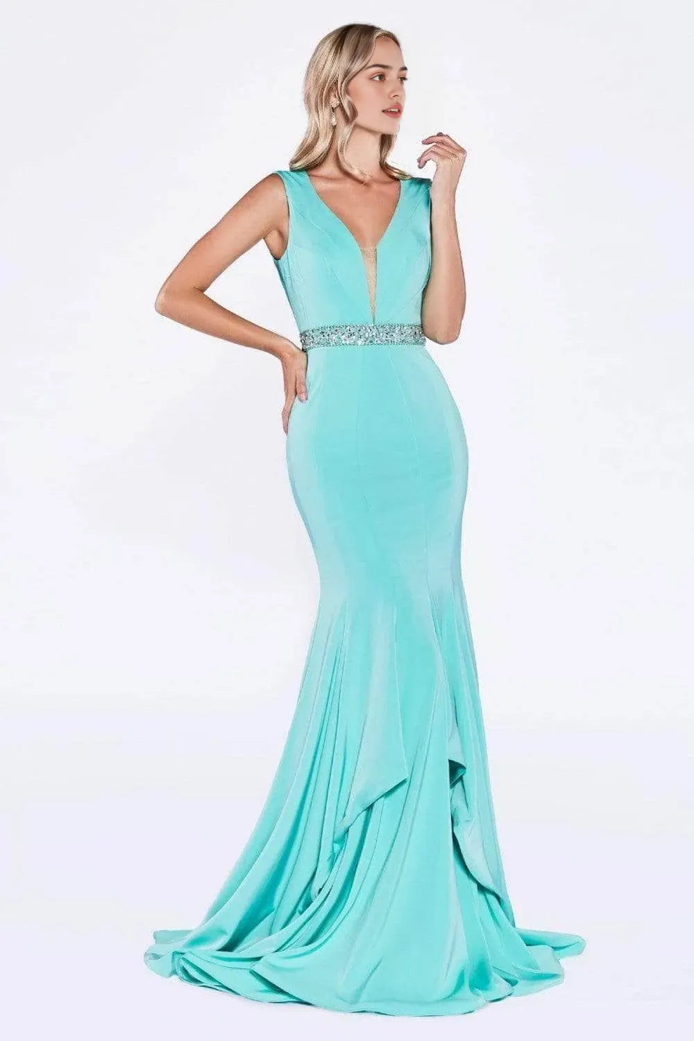 Glamorous Aqua Blue Mermaid Evening Dress Plunging V - Neckline Beaded Waist Accent and Asymmetric Ruffle Skirt to Shine at Your Event