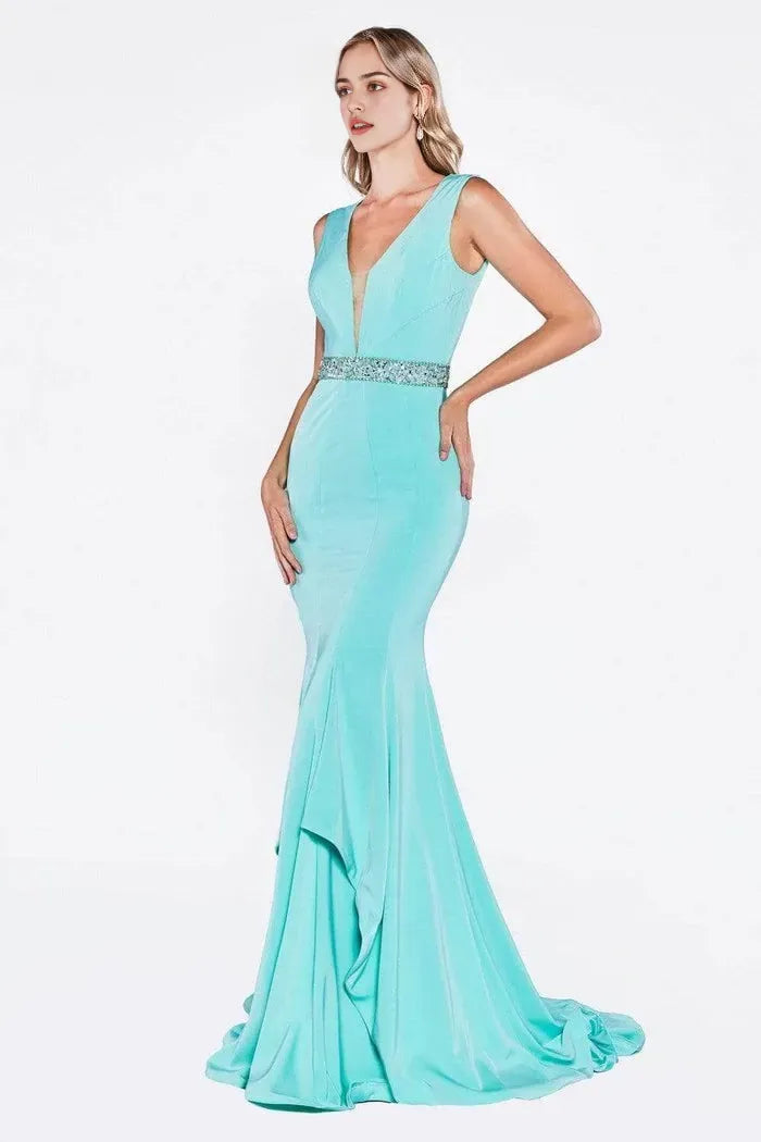 Glamorous Aqua Blue Mermaid Evening Dress Plunging V - Neckline Beaded Waist Accent and Asymmetric Ruffle Skirt to Shine at Your Event