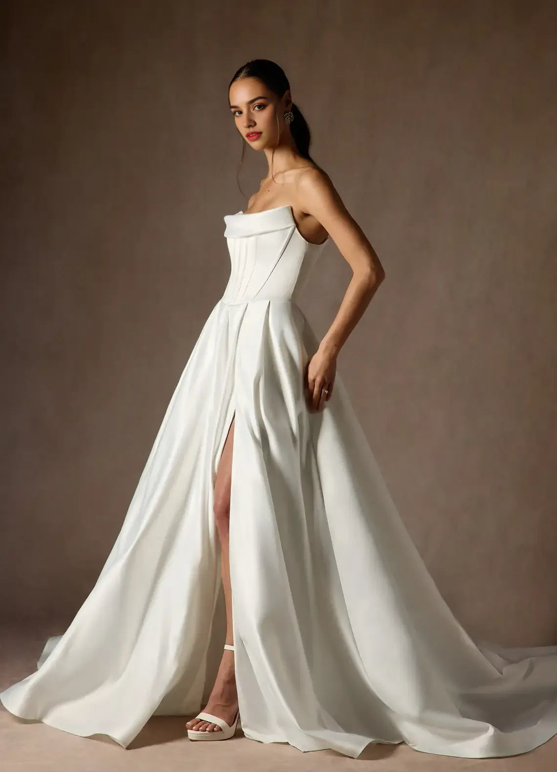 Glamorous Ball-Gown Strapless Satin Statement Wedding Dress Strapless Satin Corset Voluminous Ball Gown Skirt Dramatic High Slit Train