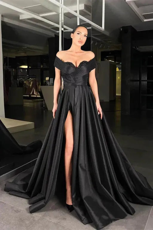 Glamorous Ball Gown Off Shoulder Beaded Black Floor-Length Prom Dress For Women