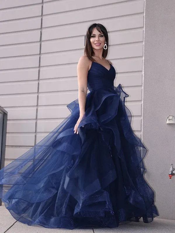 Glamorous Ball Gown Spaghetti Straps Ruffle Slit Navy Maxi Prom Dress For Sale