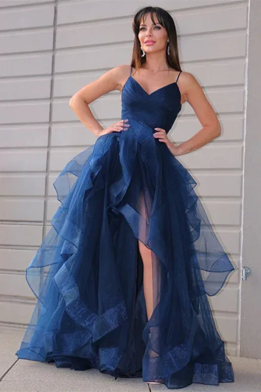 Glamorous Ball Gown Spaghetti Straps Ruffle Slit Navy Maxi Prom Dress For Sale