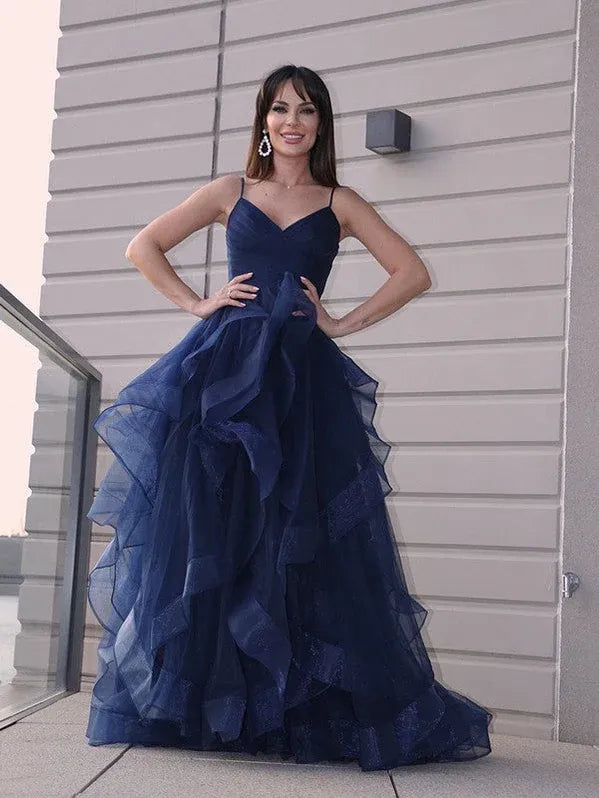 Glamorous Ball Gown Spaghetti Straps Ruffle Slit Navy Maxi Prom Dress For Sale