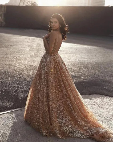 Glamorous Ball Gown Sweetheart Spaghetti Straps Backless Glitter Gold Train Prom Dress
