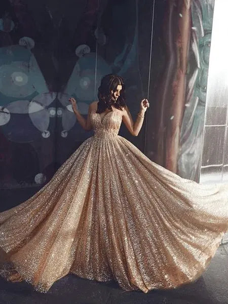 Glamorous Ball Gown Sweetheart Spaghetti Straps Backless Glitter Gold Train Prom Dress