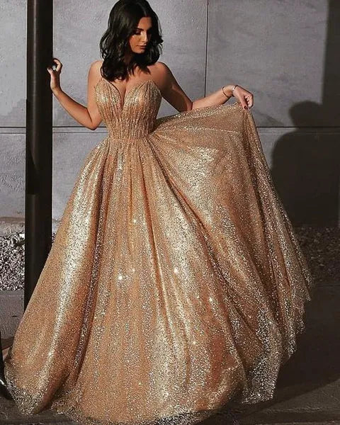 Glamorous Ball Gown Sweetheart Spaghetti Straps Backless Glitter Gold Train Prom Dress