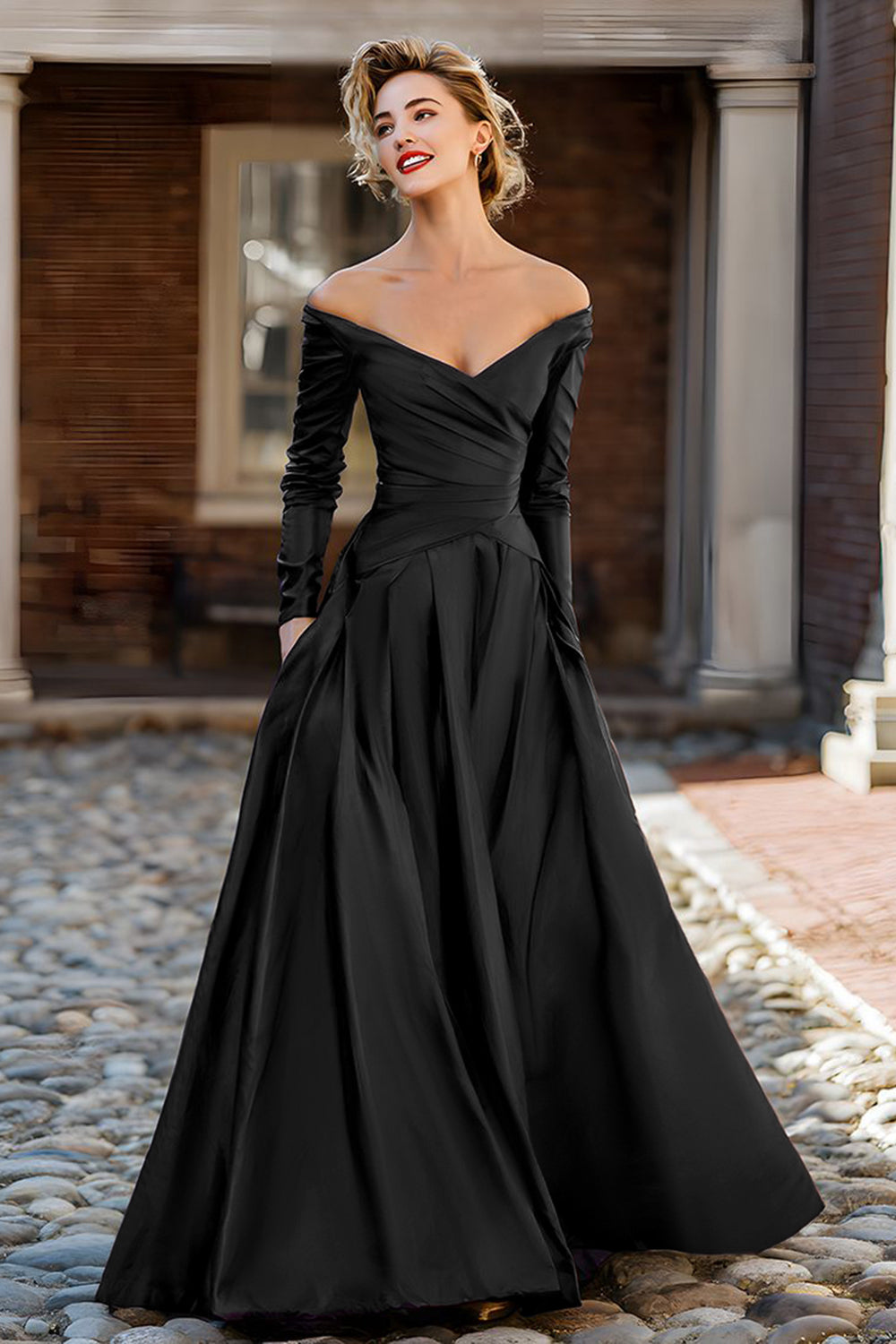 Glamorous Ballgown Off-the-Shoulder Long-Sleeve Open-Back Floor-Length Mother Of The Bride Dresses