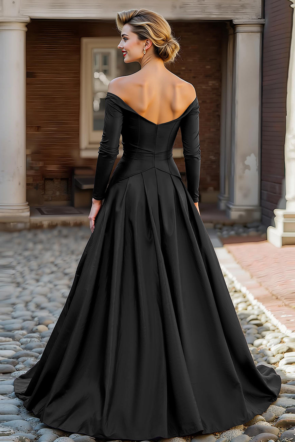 Glamorous Ballgown Off-the-Shoulder Long-Sleeve Open-Back Floor-Length Mother Of The Bride Dresses