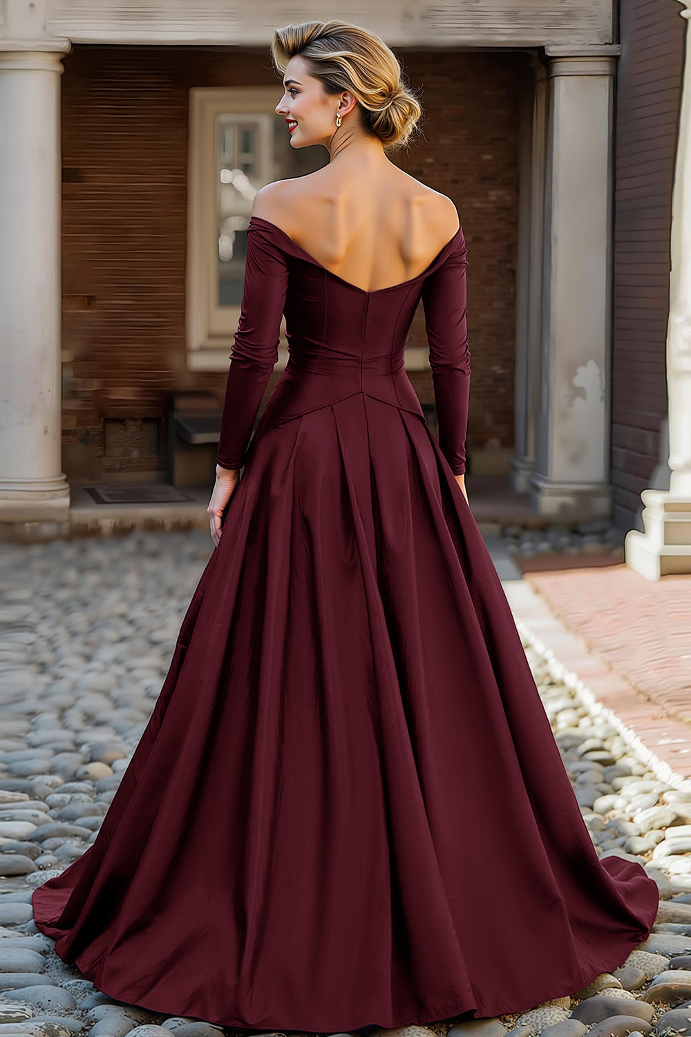 Glamorous Ballgown Off-the-Shoulder Long-Sleeve Open-Back Floor-Length Mother Of The Bride Dresses