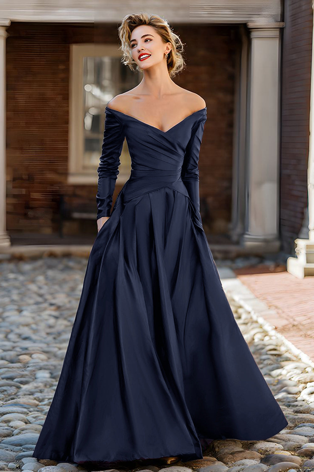 Glamorous Ballgown Off-the-Shoulder Long-Sleeve Open-Back Floor-Length Mother Of The Bride Dresses