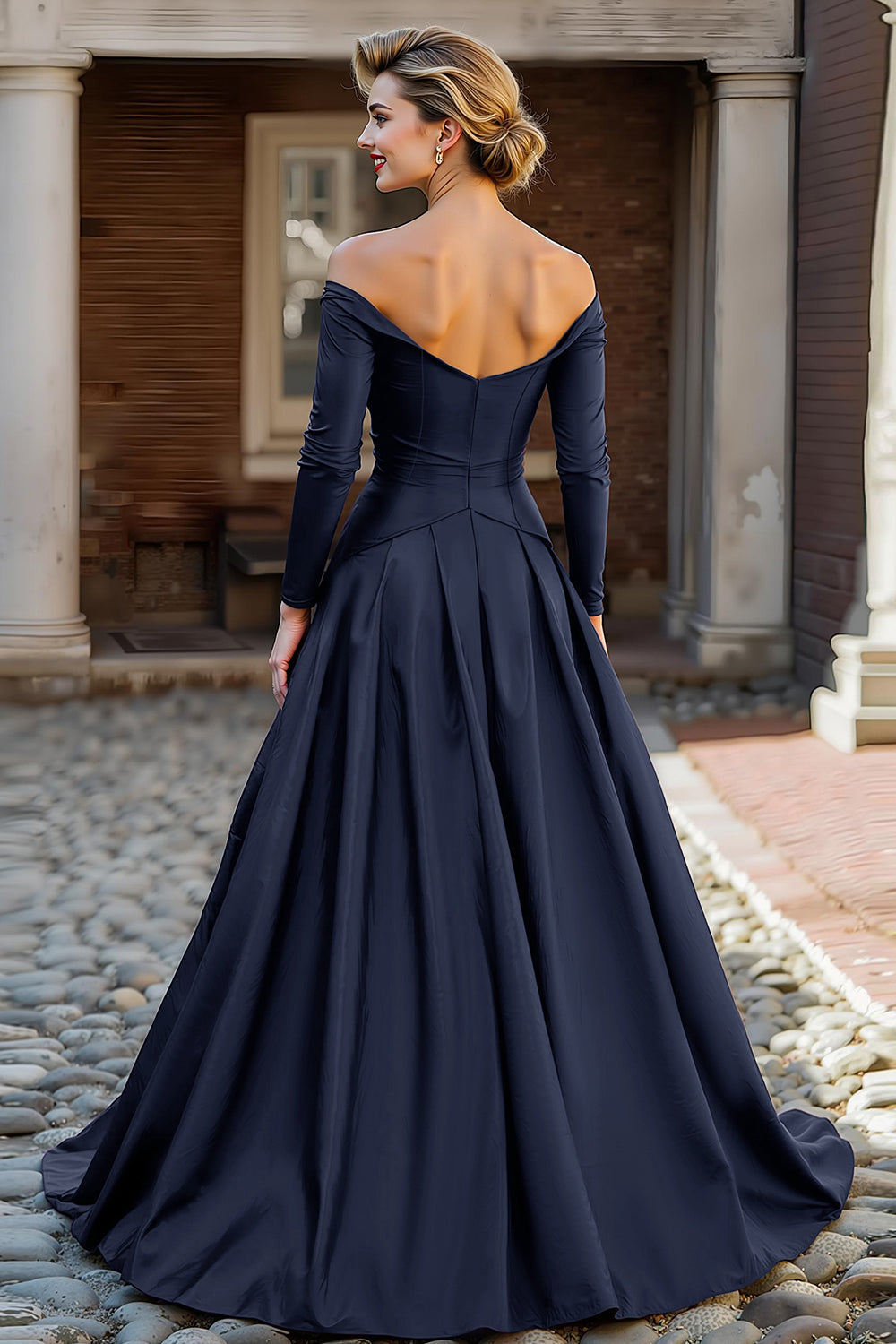 Glamorous Ballgown Off-the-Shoulder Long-Sleeve Open-Back Floor-Length Mother Of The Bride Dresses