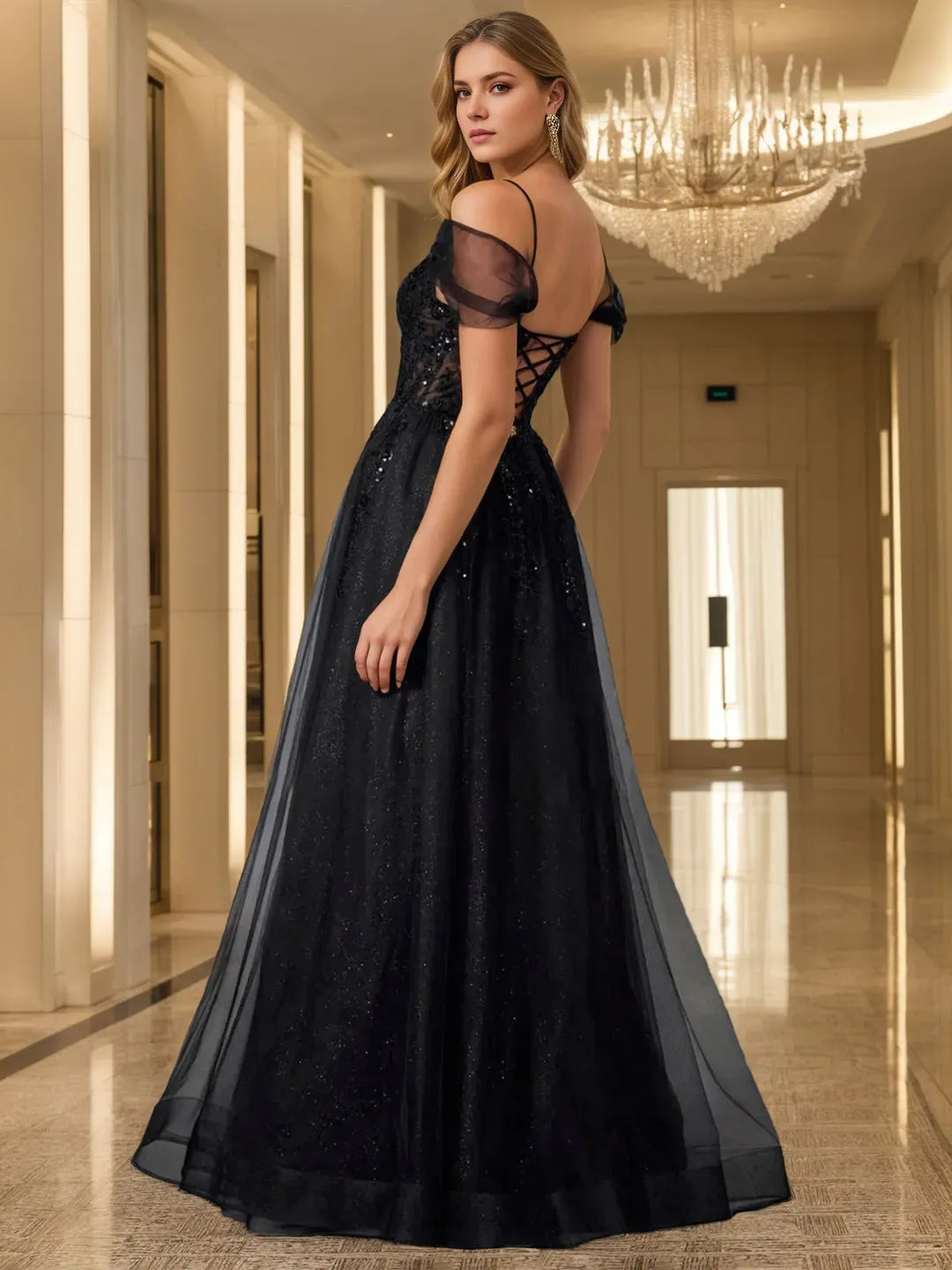 Glamorous Black A-Line Off-the-Shoulder Sleeveless Tulle Sequin Lace-Up High-Slit Floor-Length Prom Dresses