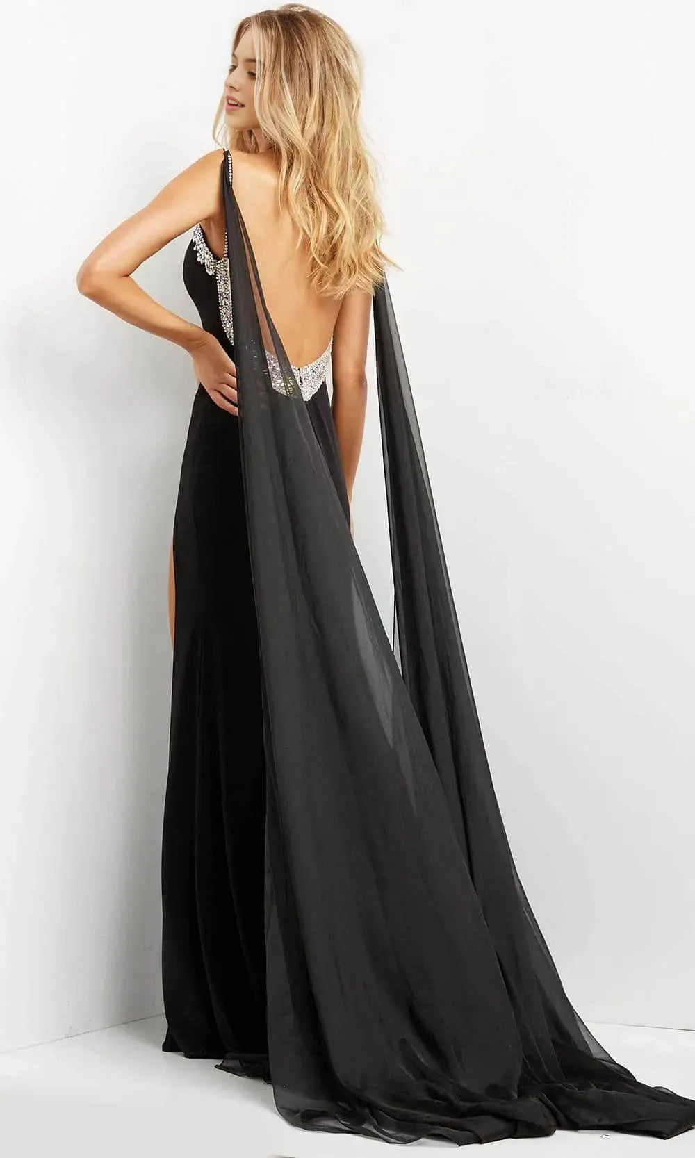 Glamorous Black Evening Dress with Crystal  Embellished V - Neckline Asymmetric Chiffon Cape and High Side Slit
