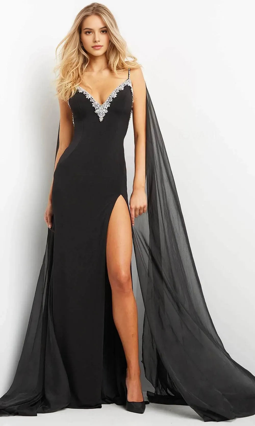 Glamorous Black Evening Dress with Crystal  Embellished V - Neckline Asymmetric Chiffon Cape and High Side Slit