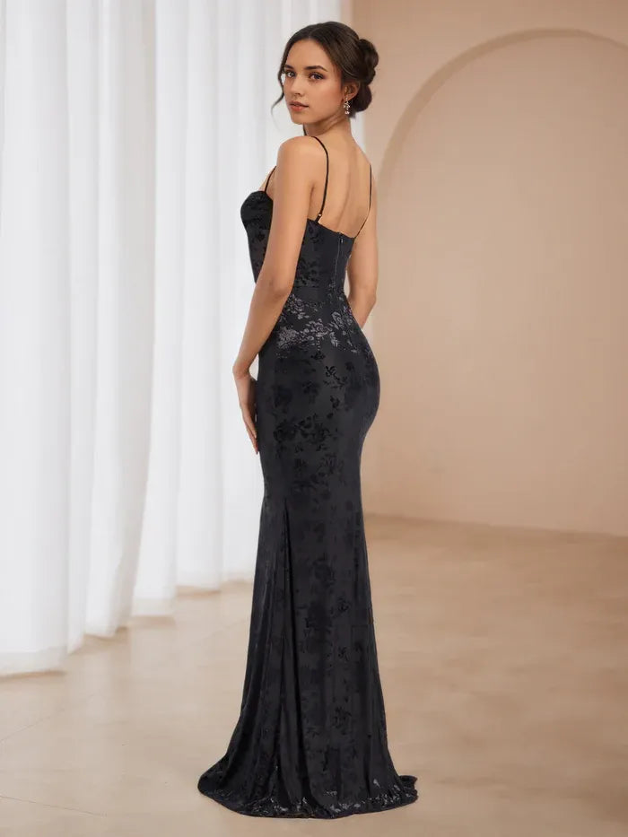 Glamorous Black Floral Velvet Prom Dress Cowl Neckline Spaghetti Straps Sculpted Silhouette to Elevate Gala Style