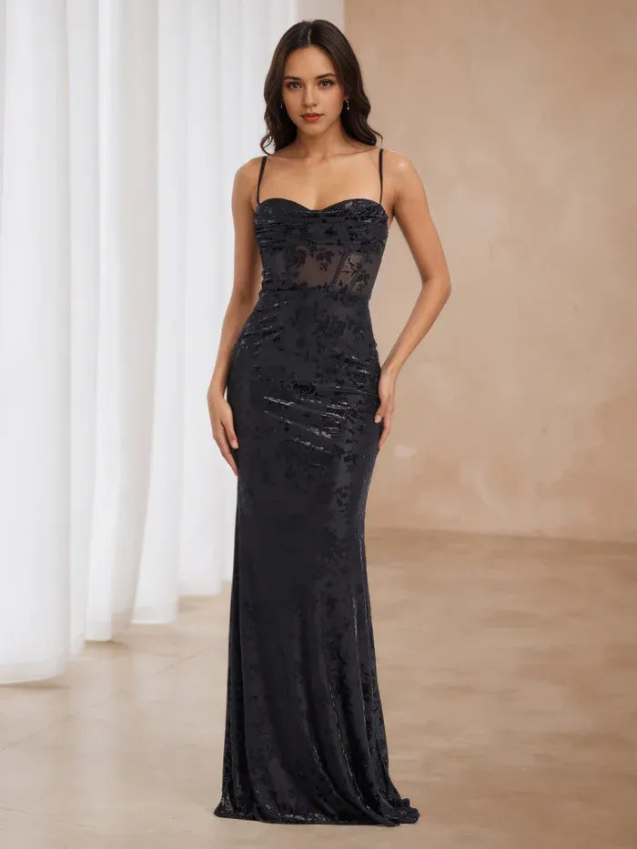 Glamorous Black Floral Velvet Prom Dress Cowl Neckline Spaghetti Straps Sculpted Silhouette to Elevate Gala Style
