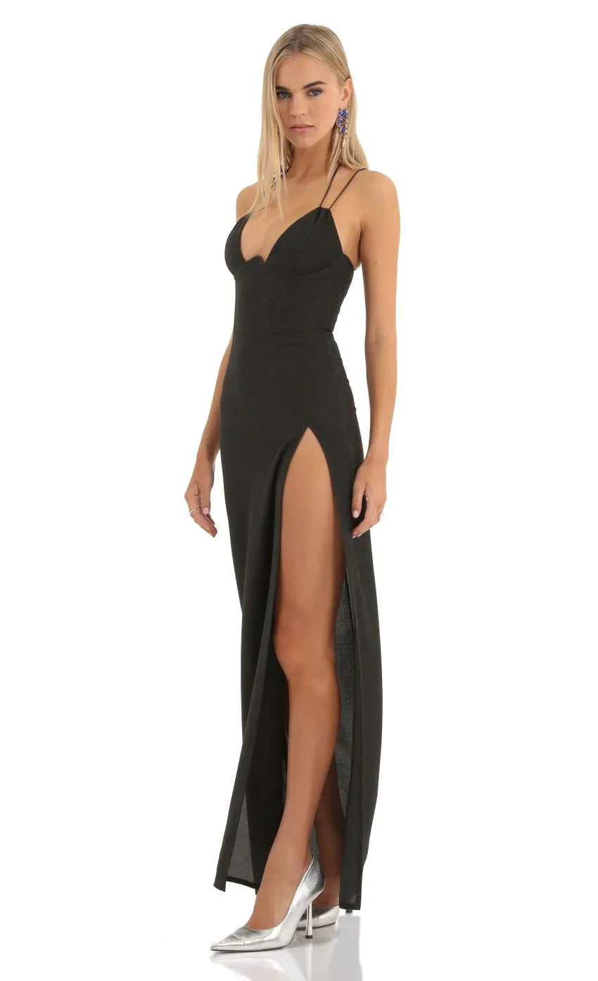 Glamorous Black Glitter Prom Dress with Double Spaghetti Straps Plunging V - Neckline High Thigh Slit  Bodycon