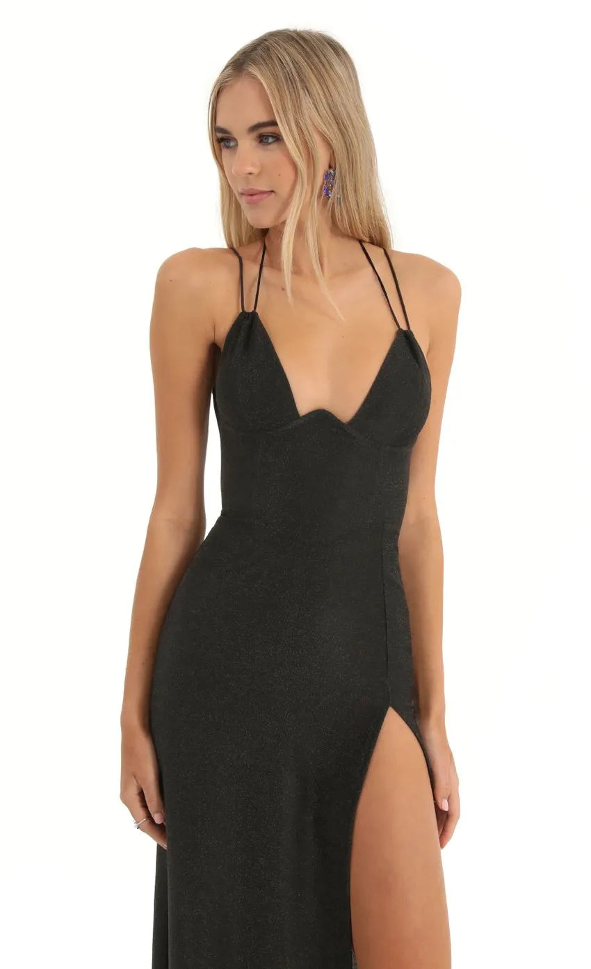 Glamorous Black Glitter Prom Dress with Double Spaghetti Straps Plunging V - Neckline High Thigh Slit  Bodycon