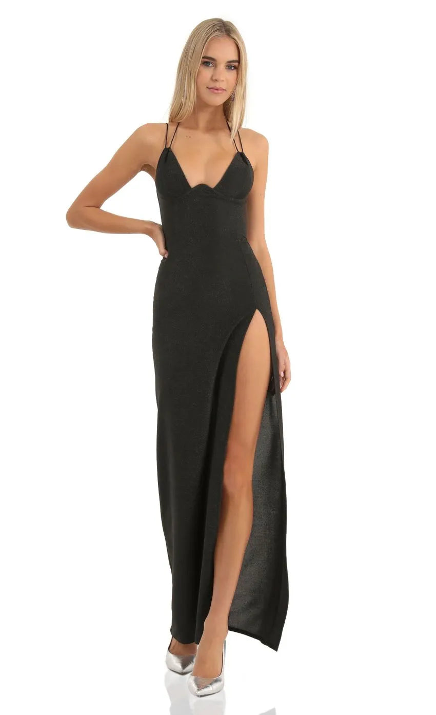 Glamorous Black Glitter Prom Dress with Double Spaghetti Straps Plunging V - Neckline High Thigh Slit  Bodycon