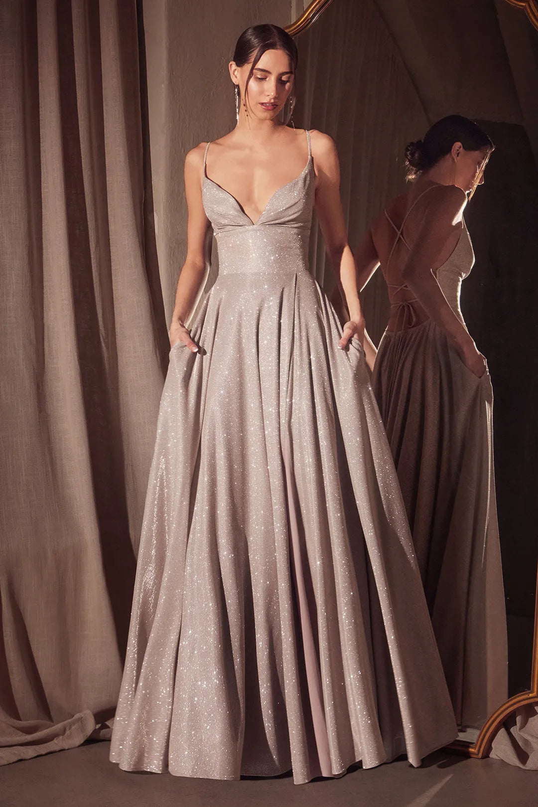 Glamorous Black Glittery Prom Dress with Deep V - Neckline Thin Straps and Flowy A - Line Skirt for Formal Evening Events