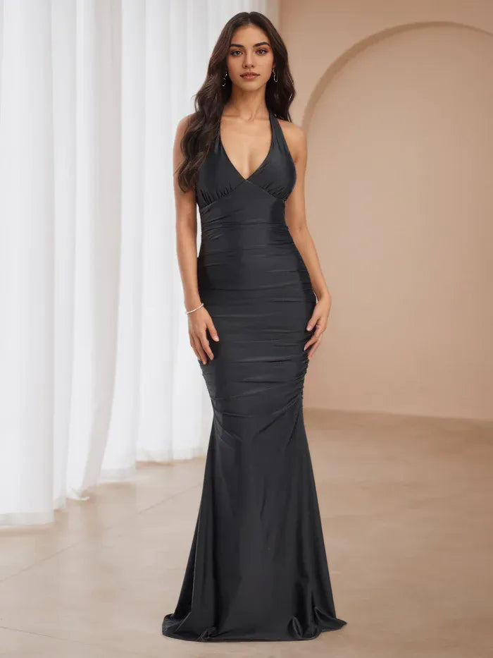 Glamorous Black Halter Mermaid Prom Dress Deep V Nec Ruched Bodice for Show Stopping