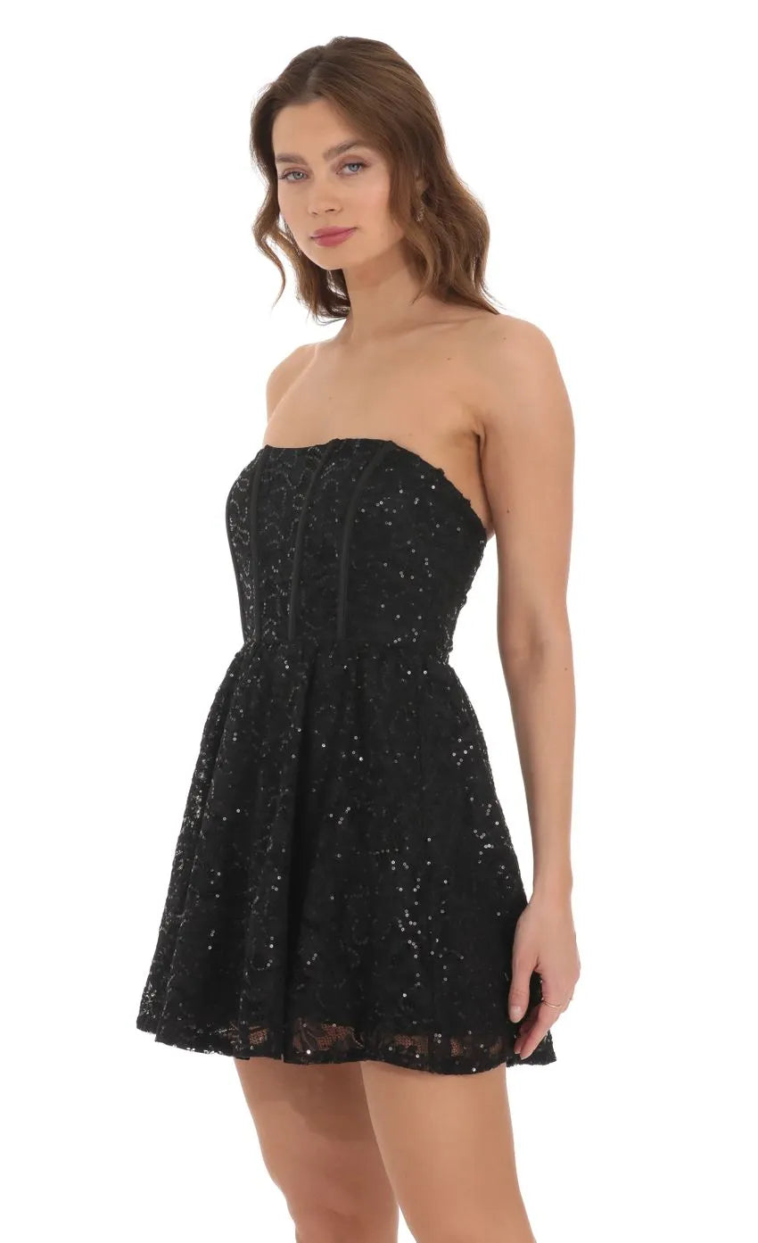 Glamorous Black Homecoming Gown Strapless Sequin Lace Overlay Corset Bodice Flared Skirt for Homecoming Nights