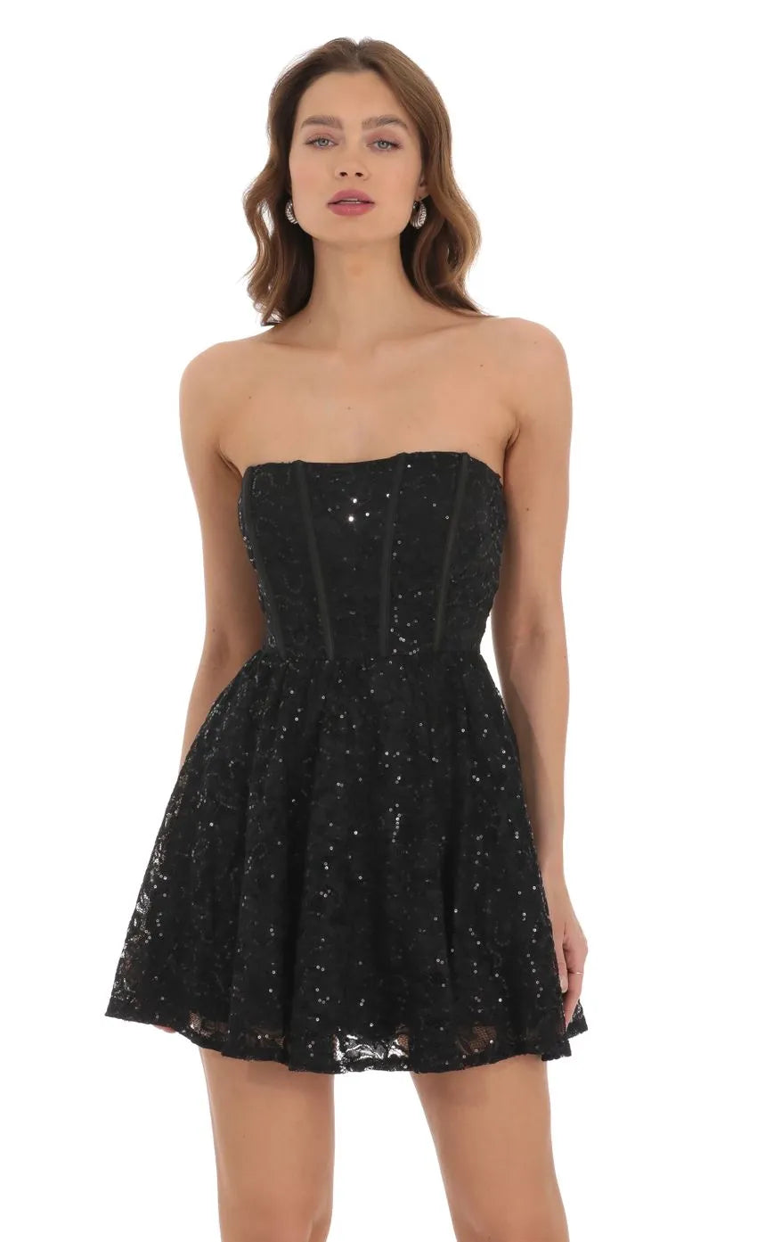 Glamorous Black Homecoming Gown Strapless Sequin Lace Overlay Corset Bodice Flared Skirt for Homecoming Nights